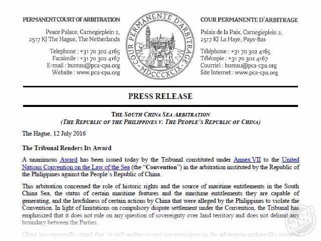 PCA Press Release: The South China Sea Arbitration (The Republic of the ...